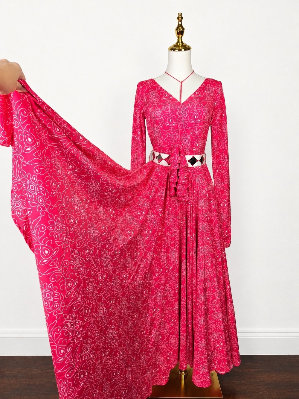 Vintage 70s Handmade Pink Paisley Mirror Work Retro Maxi Dress Boho Hippie Small